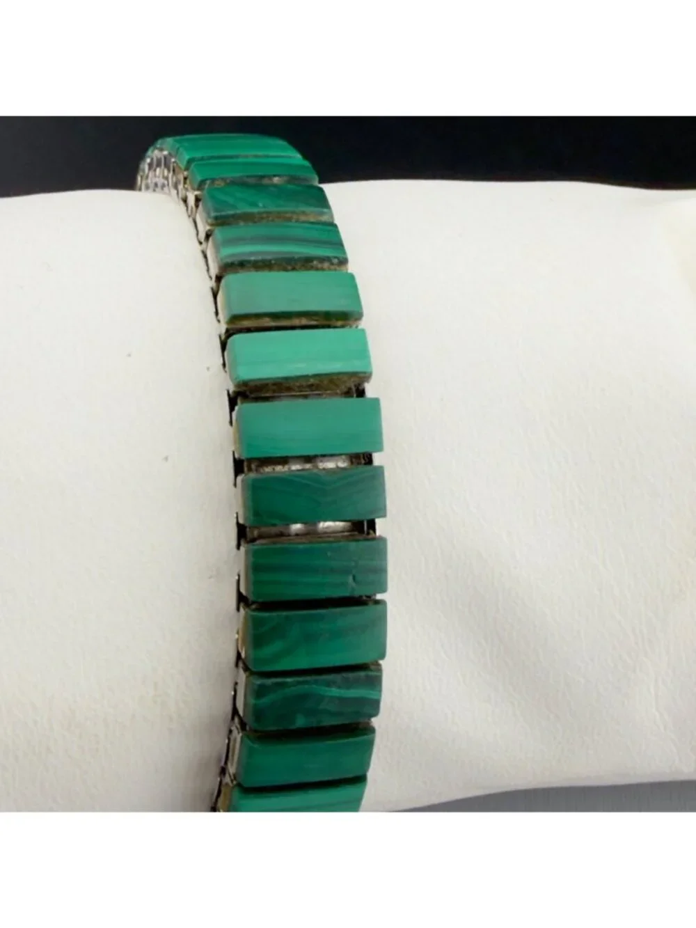 Vintage Malachite Green Stone Stretch Bracelet Watch Rectangle New Battery Works